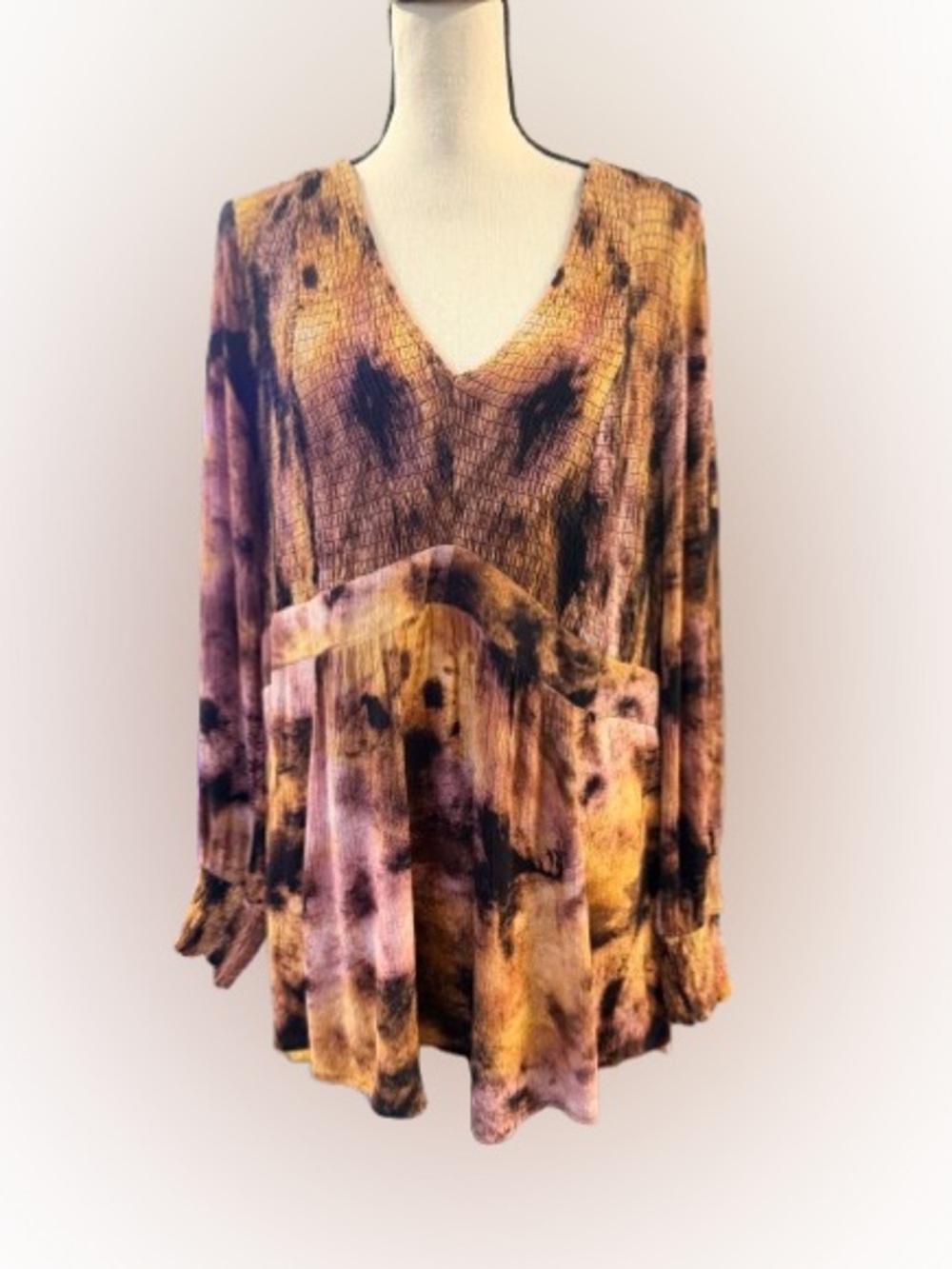 Torrid Size 2 Abstract Tie Dye Smocked Babydoll Tunic Top Fall Boho